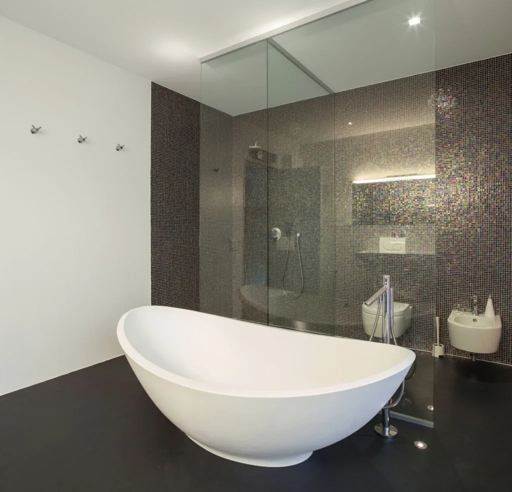 Designer bathroom with floor to ceiling glass frameless shower screen
